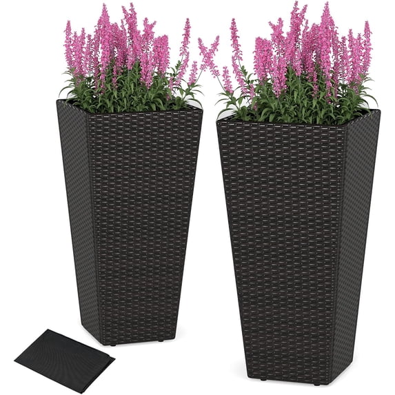 HJTER Set of 2 Outdoor Wicker Flower Pot, 30 Inch Tall Planters with Drainage System, PE Rattan Flower Pots, Indoor Outdoor Decoration for Front Porch Balcony Entryway, Dark Brown