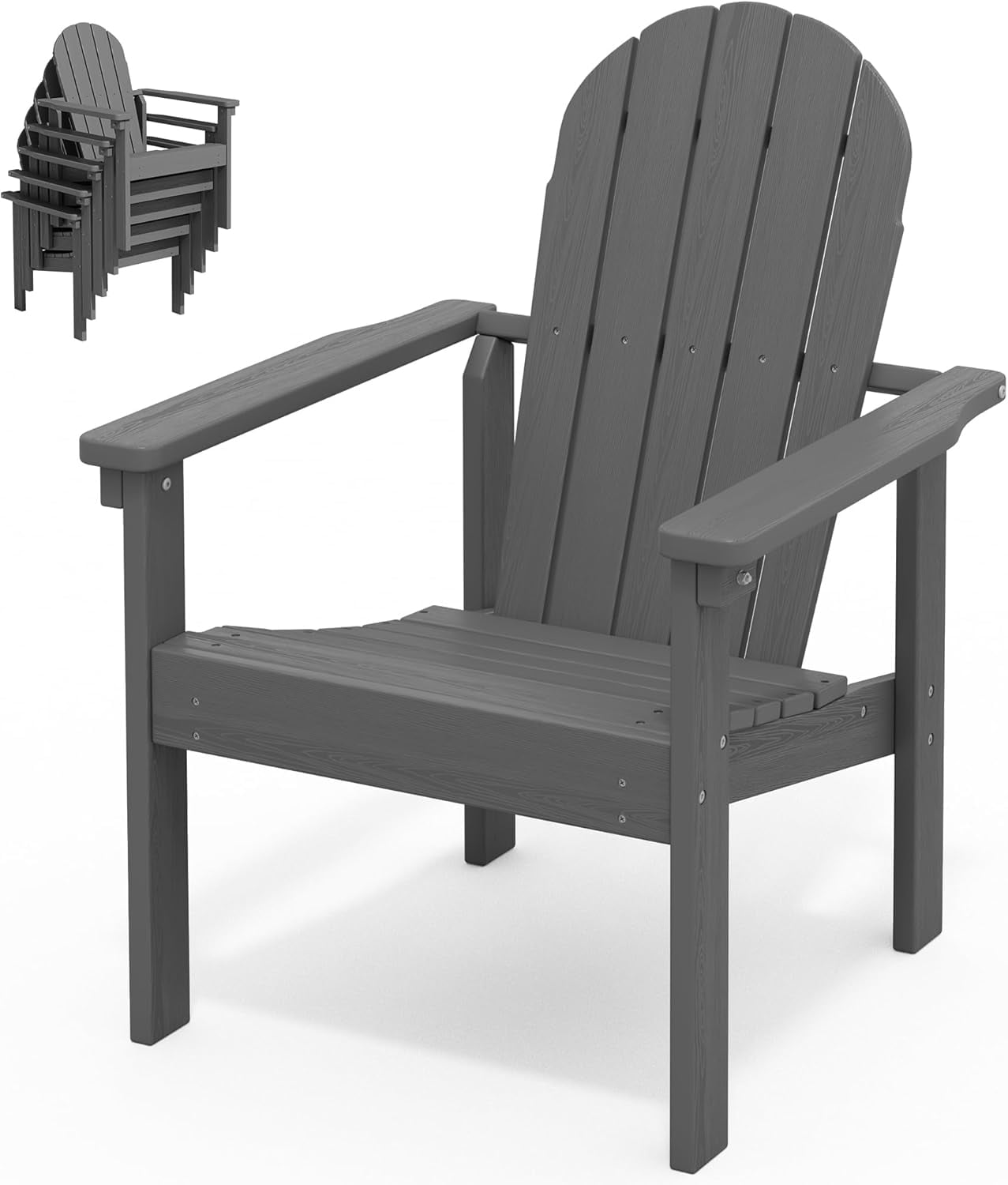 HJTER Stackable Modern Adirondack Chair, HDPE Outdoor Patio Chair with Space-Saving Design, All-Weather Fire Pit Chair with Widened Seat for Deck, Backyard, Garden, Lawn (Grey)