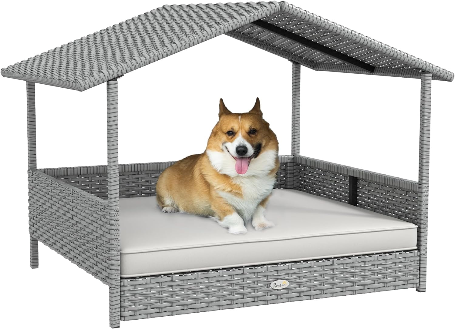 HJTER Wicker Dog House Outdoor with Canopy, Rattan Dog Bed with Water-Resistant Cushion, Raised Pet Bed for Small, Medium Breeds up to 66 lbs, 20" in Length, Silver Wicker, White Cushion