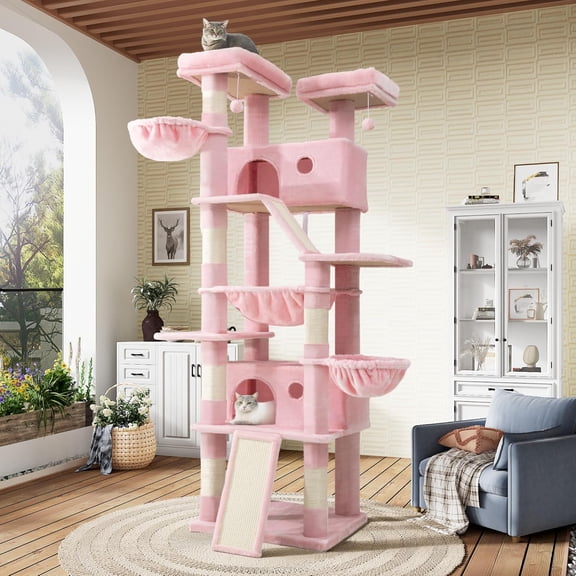 HJTER81in Multi-Level Tall Cat Tree Tower for Indoor Kitties/Larger Cat Condo Furniture with Hammock/Cozy Pussycat Perches/Sisal Scratching Posts/Pet House/Wide Base/Pink