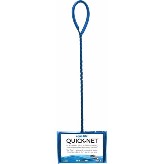HJTERQuick-Net Aquarium Fish Net - 5 x 4 in Fine Mesh, 16 in Vinyl-Covered Braided Long Handle - Small Aquarium Cleaning Tool for Gentle Fish Handling - Use in Freshwater & Saltwater Tanks - Blue