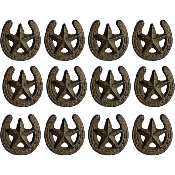 HJTERUrbalabs Rustic Western Cast Iron Kitchen Cabinet Knobs Horseshoe & Star Accents, Set of 12 Farmhouse Drawer Pulls in Dark Bronze
