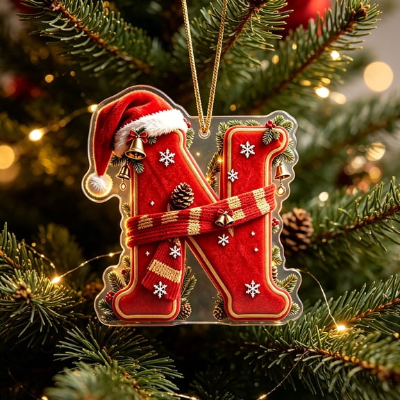 HJUYYUAH Xmas Letter Ornaments, Santa Hat Festive Initial Ornaments, Acrylic 2D Alphabet Christmas Decorations for Xtmas Tree Party GiftsN