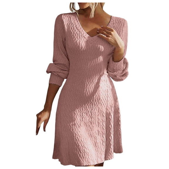 HJYCHN 2024 Autumn V-Neck A-Line Skirt Solid Color Textured Long Sleeve Elegant French Style Casual Dress for Women Pink XL