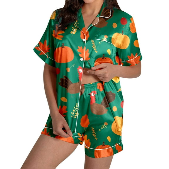 HJYCHN 2024 Ladies Thanksgiving Turkey Print Sleepwear Set Cozy Short Sleeve Pajamas Soft Blend Loungewear for Women Holiday Comfort Green S