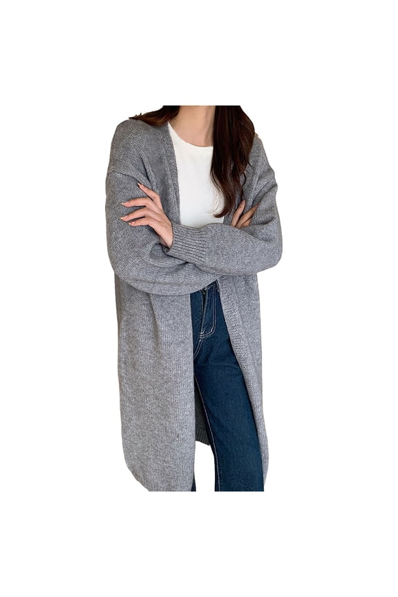 Autumn Retro Long Sweater Coat for Women Elegant Loose Fit Casual Outerwear Comfortable Knit Cardigan Grey One Size