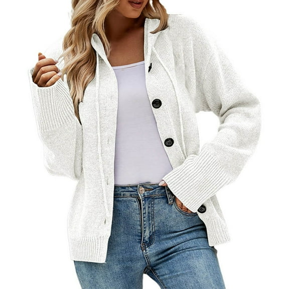 HJYCHN Autumn Winter Women's Hooded Knit Long Sleeve Cardigan Coat with Front Button Closure and Drawstring Waist Stylish European Design White L