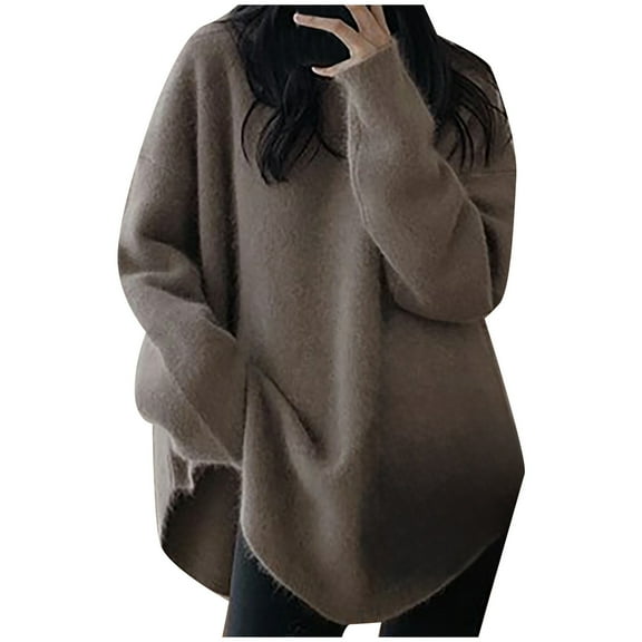 HJYCHN Autumn Winter Women's Pullover Knitwear Mid Length Korean Style Gentle Loose Fit Rounded Hem High End Sweater Top Beige One Size