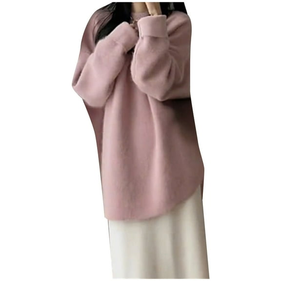 HJYCHN Autumn Winter Women's Pullover Knitwear Mid Length Korean Style Gentle Loose Fit Rounded Hem High End Sweater Top Pink One Size