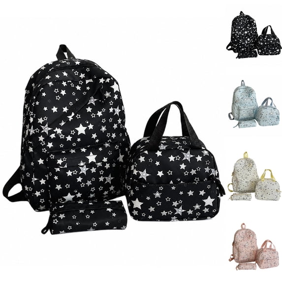 HJYCHN Backpack for Boys Star Print 3Pc Set Daypack with Drawstring Lunch Tote Pencil Case Back to School Supplies for Kids Bookbag for Girls Black