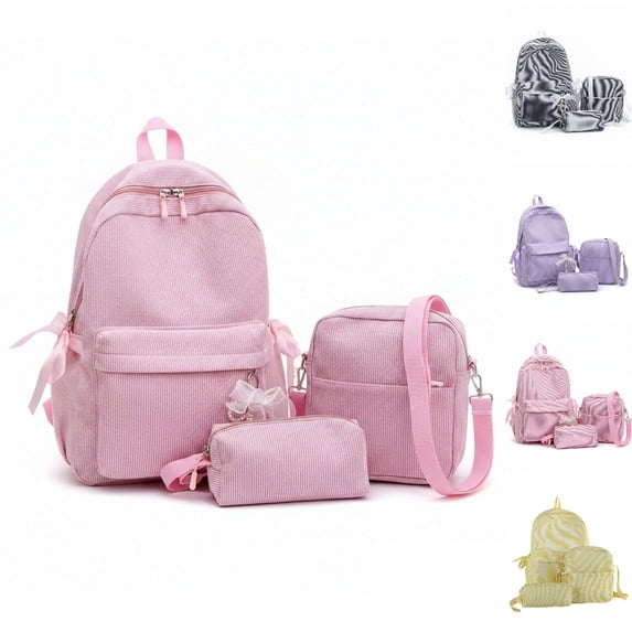 HJYCHN Backpack for Teen Girls Striped 3Pc Set Daypack with Ribbon Bow Bead Charm Crossbody Pencil Case Back to School Supplies for Kids School Backpack for Boys Pink