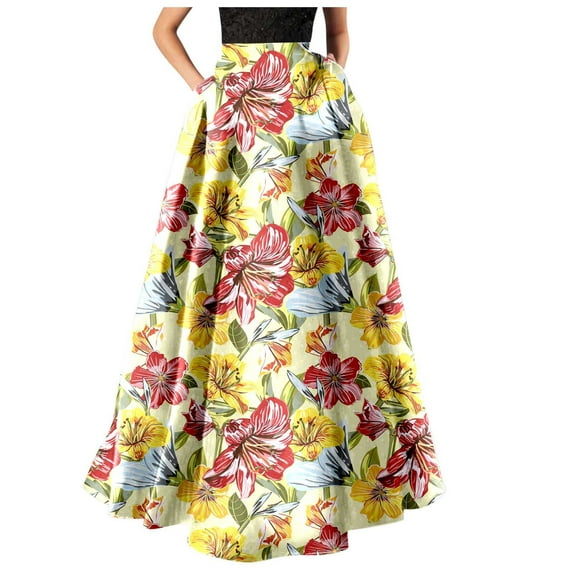 HJYCHN Bohemian Floral Maxi Dress for Women High Waist with Pockets Elegant Party and Beach Long Skirt Beige S