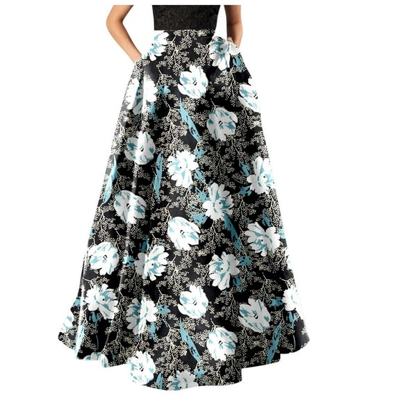 HJYCHN Bohemian Floral Maxi Dress for Women High Waist with Pockets Elegant Party and Beach Long Skirt Black L