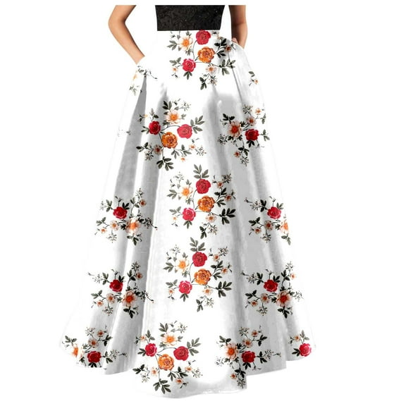 HJYCHN Bohemian Floral Maxi Dress for Women High Waist with Pockets Elegant Party and Beach Long Skirt White L