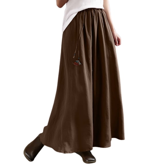 HJYCHN Bohemian Linen A-line Midi Skirt for Women Casual Dress Flowy Lightweight Long Skirt with Pockets Coffee M