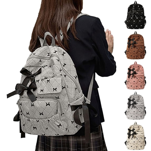 HJYCHN Bookbag for Girls Ruffled Quilted Bow Ribbon Backpack Back to School Supplies for Kids Boys Backpack Grey