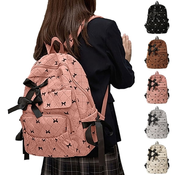 HJYCHN Bookbag for Girls Ruffled Quilted Bow Ribbon Backpack Back to School Supplies for Kids Boys Backpack Pink