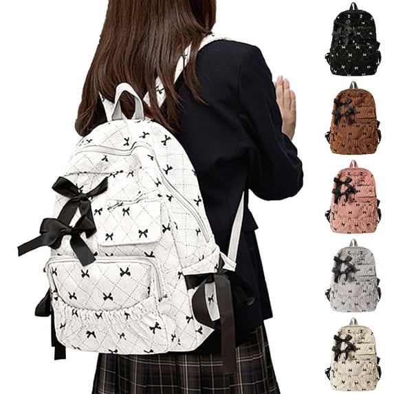 HJYCHN Bookbag for Girls Ruffled Quilted Bow Ribbon Backpack Back to School Supplies for Kids Boys Backpack White