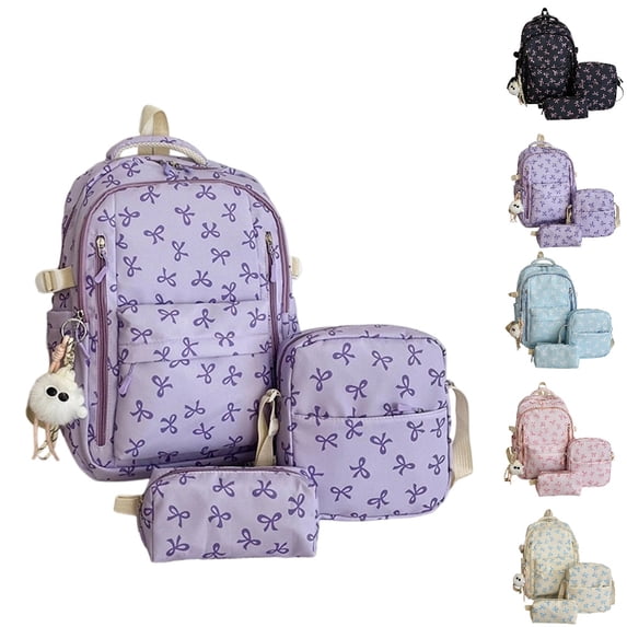 HJYCHN Boy Backpack Bow Print 3Pc Set Daypack with Crossbody Pencil Case Back to School Supplies for Kids Backpack for Teen Girls Purple