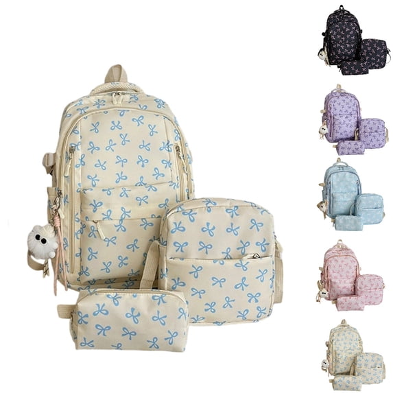 HJYCHN Boy Backpack Bow Print 3Pc Set Daypack with Crossbody Pencil Case Back to School Supplies for Kids Backpack for Teen Girls White