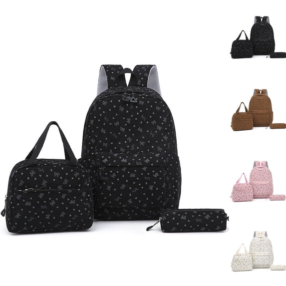 HJYCHN Boy Backpack Heart Dot Print 3Pc Set Daypack with Lunch Tote Pencil Case Back to School Supplies for Kids Backpack for Girls Black