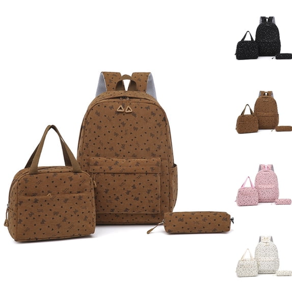 HJYCHN Boy Backpack Heart Dot Print 3Pc Set Daypack with Lunch Tote Pencil Case Back to School Supplies for Kids Backpack for Girls Brown