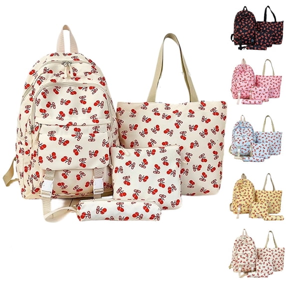 HJYCHN Boys Backpack Cherry Print 4Pc Set Daypack with Tote Crossbody Pencil Case Back to School Supplies for Kids Bookbag for Girls White