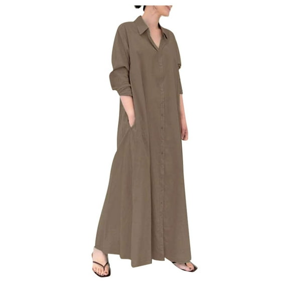 HJYCHN Breathable Linen Lapel Collar Long Sleeve Shirt Dress with Pockets Relaxed Fit Maxi Length for Everyday Comfort Coffee M