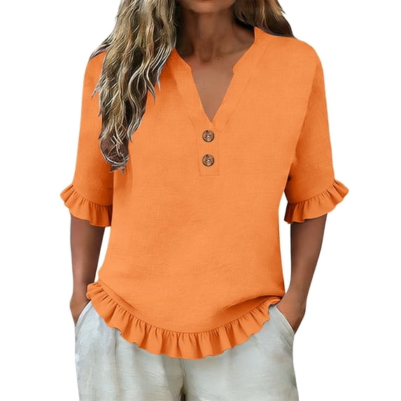 HJYCHN Business Casual Tops for Women Classic V Neck Button Down Collar Tee Shirt in Solid Color Basic and Comfortable for Everyday Womens T Shirts Orange M