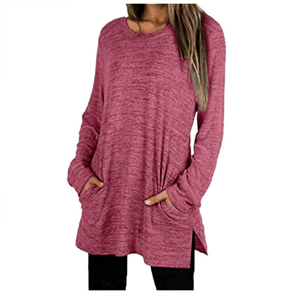 HJYCHN Casual Crewneck Split Side Long Sleeve Top Tee Shirt with Pockets for Women Red L