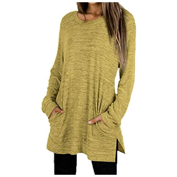 HJYCHN Casual Crewneck Split Side Long Sleeve Top Tee Shirt with Pockets for Women Yellow L