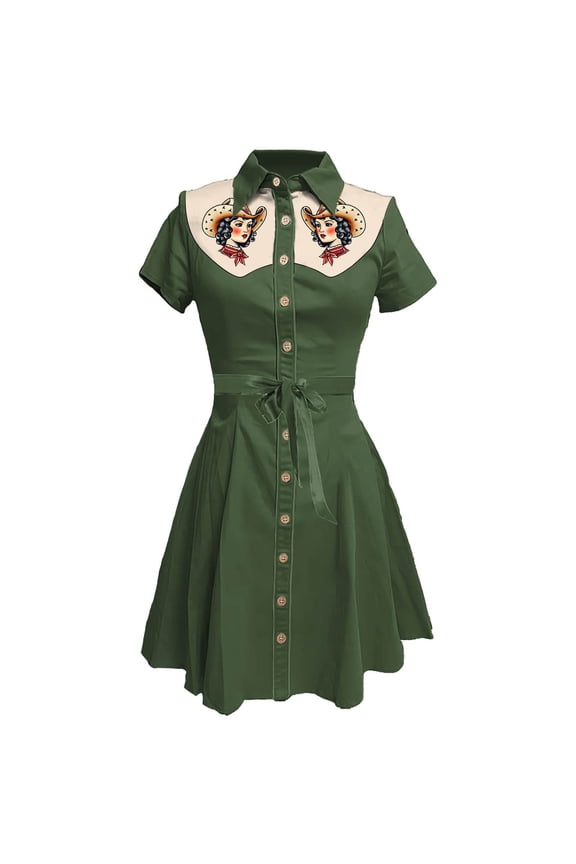 Casual Dresses for Women Western Flower Printed Shirt Dress Button Down Casual Retro Style Midi Length for Summer Summer Dress Green M