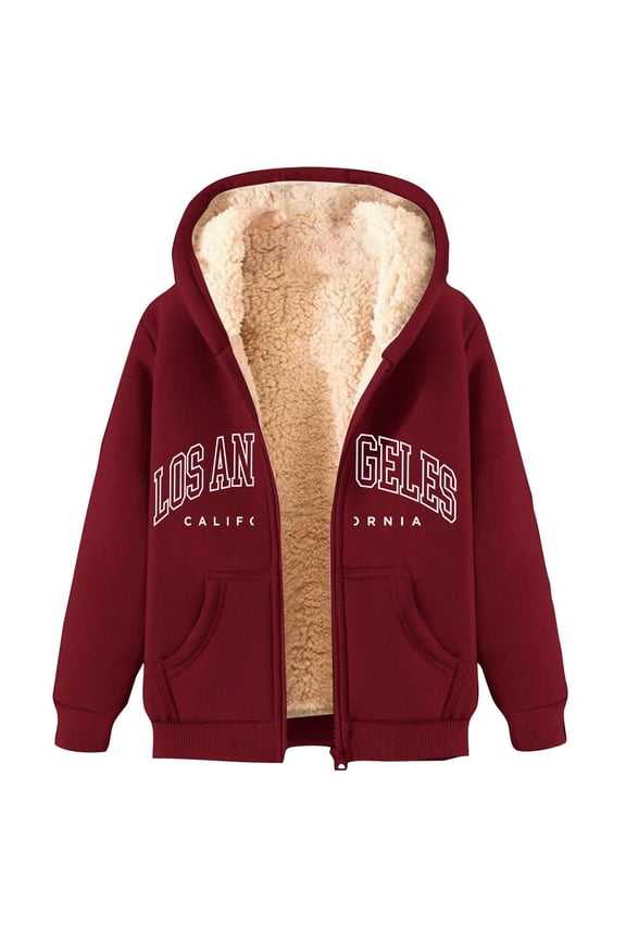 Casual Print Hooded Coat with Zipper Pocket Lined Long Sleeve Jacket for Autumn Winter Sports and Outdoor Wear Wine M