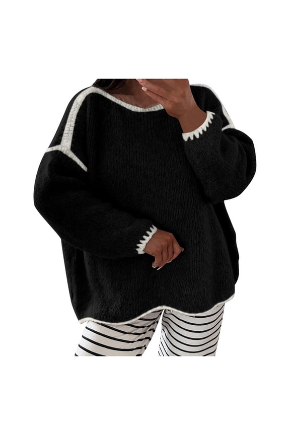 Casual Women's Long Sleeve Knit Pullover Everyday Wear Soft Comfortable Cozy Winter Yarn Garment Elegant Tunic Top Black M