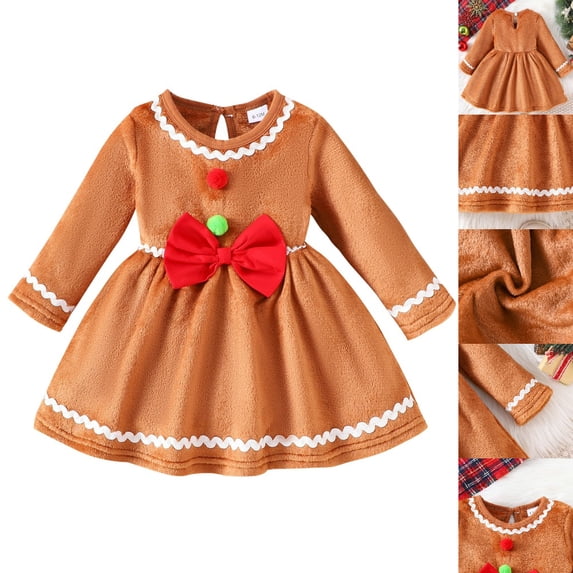 HJYCHN Christmas Dress Long Sleeve Bow Detail Party Gown with Ruffled Neckline for Toddler Dress 12-18 Months