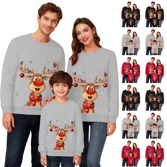 HJYCHN Christmas Family Matching Sweatshirt Christmas Sweatshirts Reindeer Holiday Letter Print Long Sleeve Crewneck Relaxed Fit Grey_004 Women_L