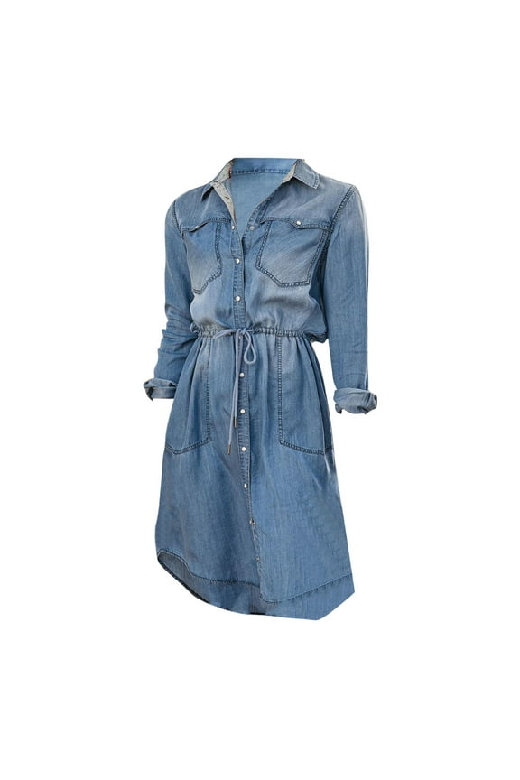 Classic Denim White Design Double Pocket Lapel Dress for Women Timeless Casual Comfort and Style Blue L