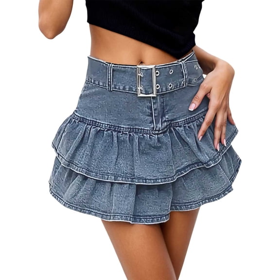 HJYCHN Denim Skirt for Women High Waist A-line Mini Length with Belt Cute Ruffle Layered Skater Fashion Casual Outfit Blue M