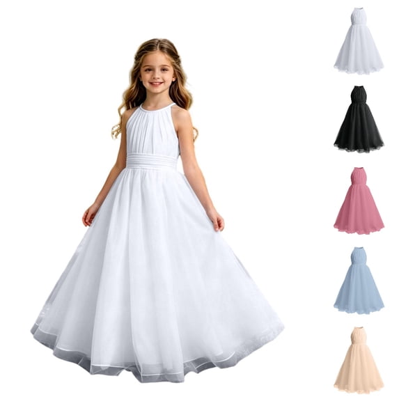 HJYCHN Dresses for Girls Halter Neck Mesh Maxi Gown with Ruched Bodice and Flowing Skirt for Kids Dress 8-9 Years