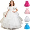 thumbnail image 1 of HJYCHN Dresses for Girls Short Puff Sleeve Long Formal Dress with Embroidered Bodice and Ribbon for Girls' Dresses 4-5 Years, 1 of 9