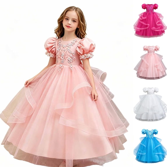 HJYCHN Dresses for Girls Short Puff Sleeve Long Formal Dress with Embroidered Bodice and Ribbon for Girls' Dresses 4-5 Years