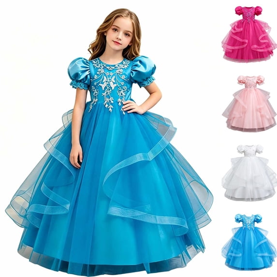 HJYCHN Dresses for Girls Short Puff Sleeve Long Formal Dress with Embroidered Bodice and Ribbon for Girls' Dresses 9-10 Years