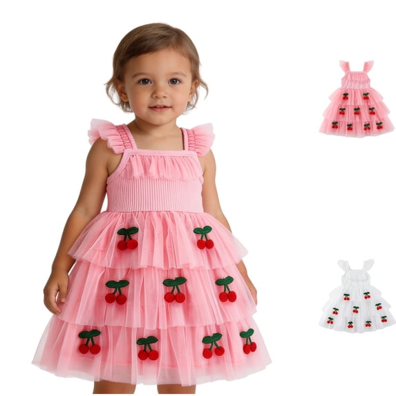HJYCHN Dresses for Girls Sleeveless Cherry Print Tiered Dress with Flutter Straps for Back to School Clothes for Girls 4-5 Years