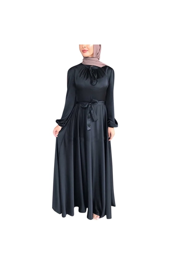 Elegant Abaya Kaftan Long Sleeve Solid Women Casual Flowy Maxi Dress for Everyday Wear Black XL