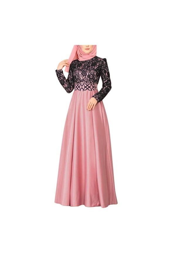 Elegant Arab Abaya Kaftan Maxi Dress with Intricate Stitching and Delicate Lace Design for Women Pink L