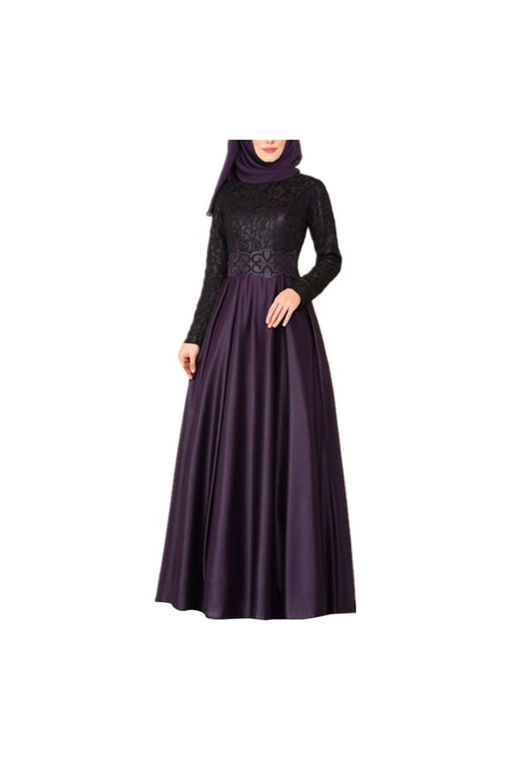 Elegant Arab Abaya Kaftan Maxi Dress with Intricate Stitching and Delicate Lace Design for Women Purple S