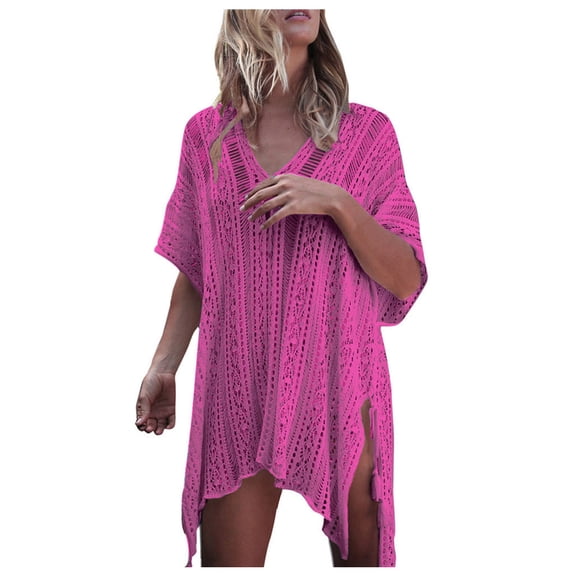 HJYCHN Elegant Crochet Beach Swimsuit Cover Up Smock Dress for Women Stylish Bikini Bathing Suit Outerwear Fashionable Resort Wear Pink One Size