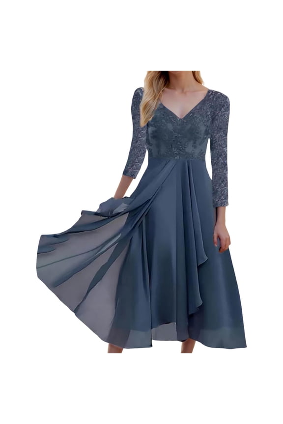 Elegant Flowy Chiffon Casual Dress with Long Sleeves and Allover Printed Design for Everyday Comfort and Style Casual Dress Blue S