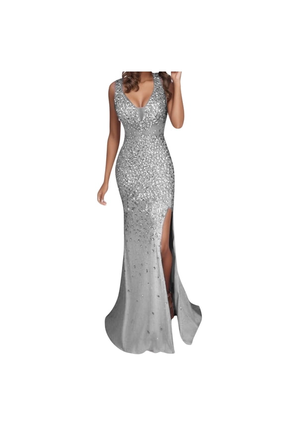 Elegant Gold Sequin V-Neck Evening Gown for Women Long Prom Party Dress with Flowing Skirt and formal Attire Design Silver XXL