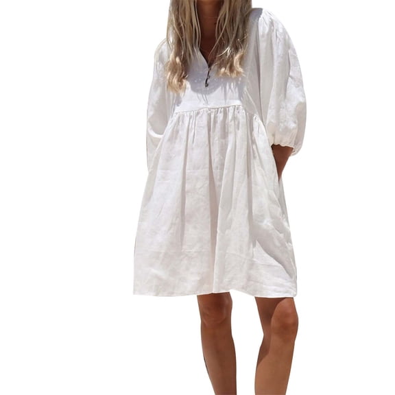 HJYCHN Elegant Ladies Fashion Loose Fit Solid V-Neck Puffed Sleeve Linen Blend Casual Dress for Everyday Comfort and Style White S